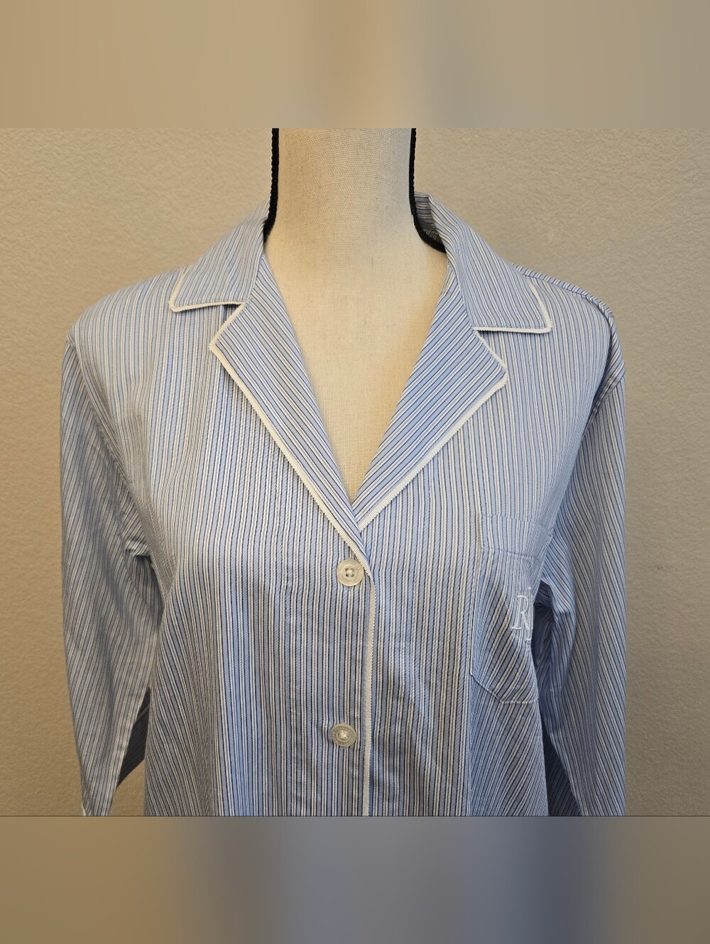Ralph Lauren Lauren Women's Sz M Sleep Shirt Blue & White Strips Cotton Blend - Picture 2 of 13